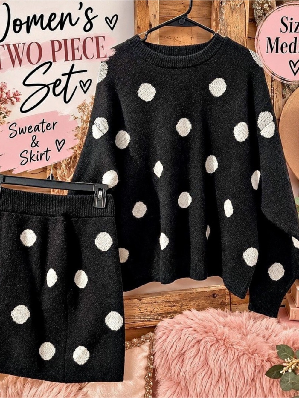 Polka Dot Sweater Skirt Set Size Medium Like New